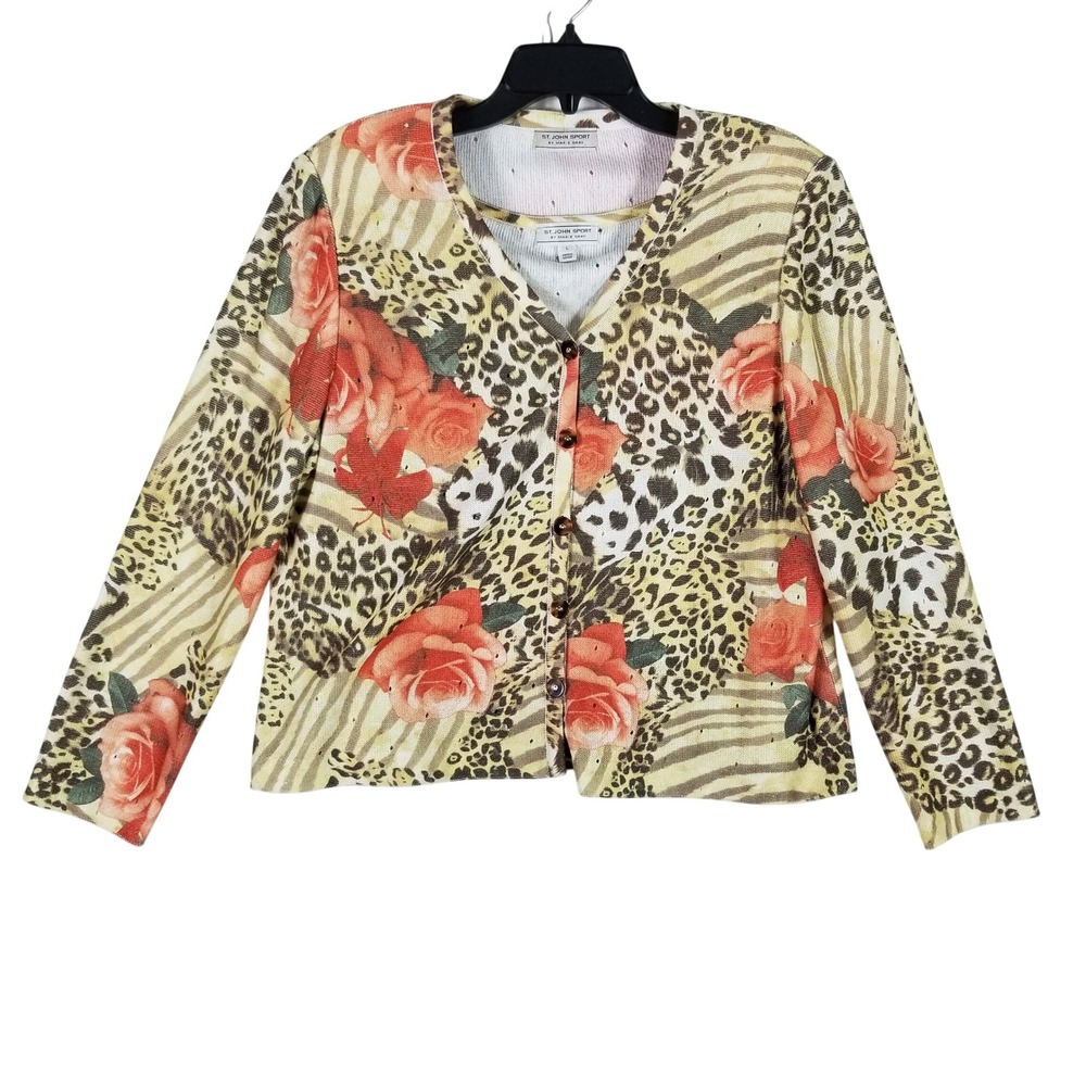 St. John Sport Cardigan Set Women L Yellow Floral Leopard Pointelle Twin Set